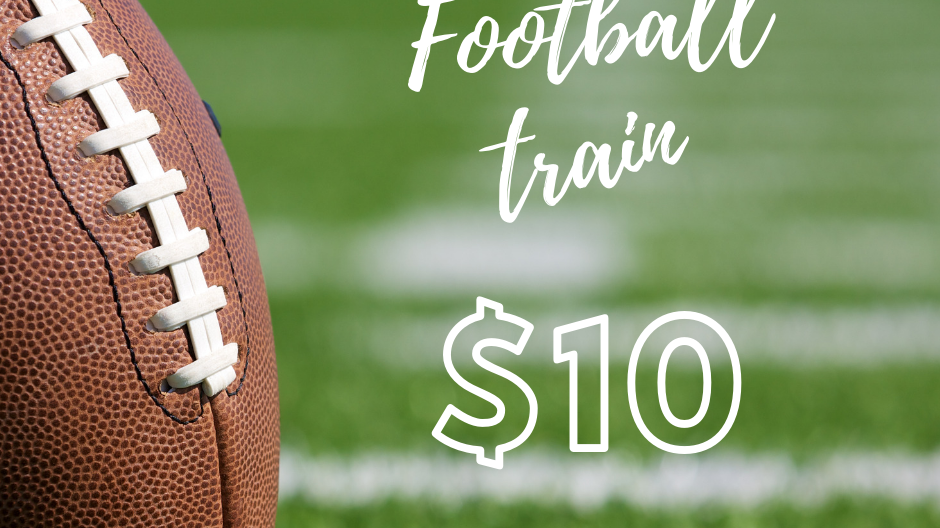 photo of football with text saying football train $10